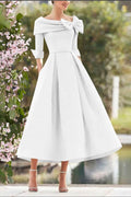 Elegant A Line Cowl Neck 3/4 Sleeves Tea Length Elegant Mother of the Bride Dress