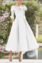 Elegant A Line Cowl Neck 3/4 Sleeves Tea Length Elegant Mother of the Bride Dress