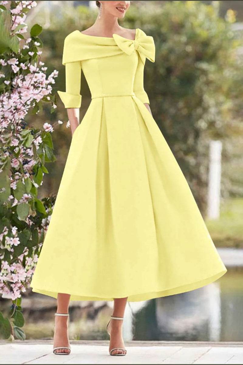 Elegant A Line Cowl Neck 3/4 Sleeves Tea Length Elegant Mother of the Bride Dress
