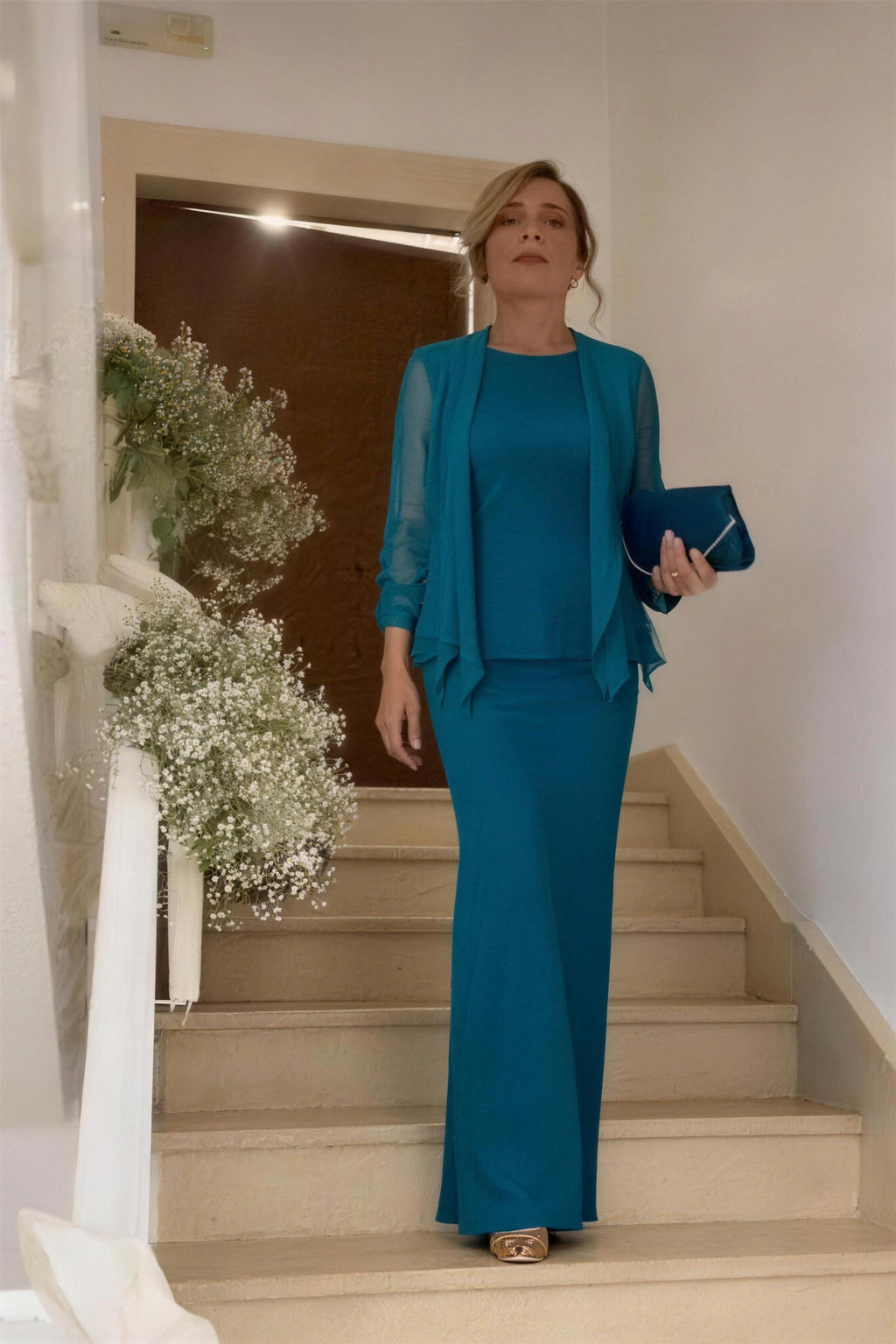 Elegant Sheath Scoop Neck Long Sleeves Floor Length Mother of the Bride Dress