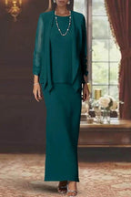 Elegant Sheath Scoop Neck Long Sleeves Floor Length Mother of the Bride Dress