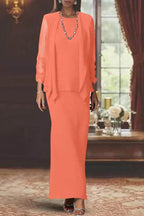 Elegant Sheath Scoop Neck Long Sleeves Floor Length Mother of the Bride Dress