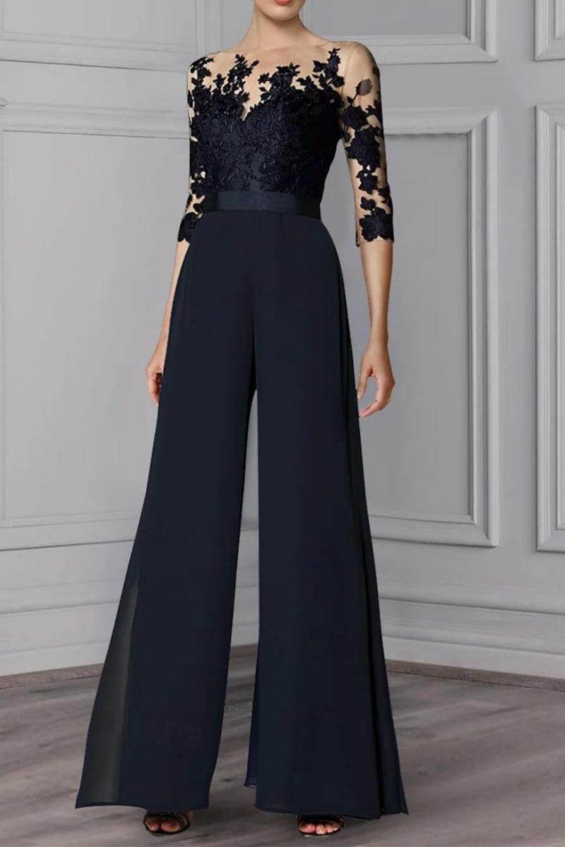 Elegant A Line Jewel Neck 3/4 Length Sleeves Floor Length Mother of the Bride Dress