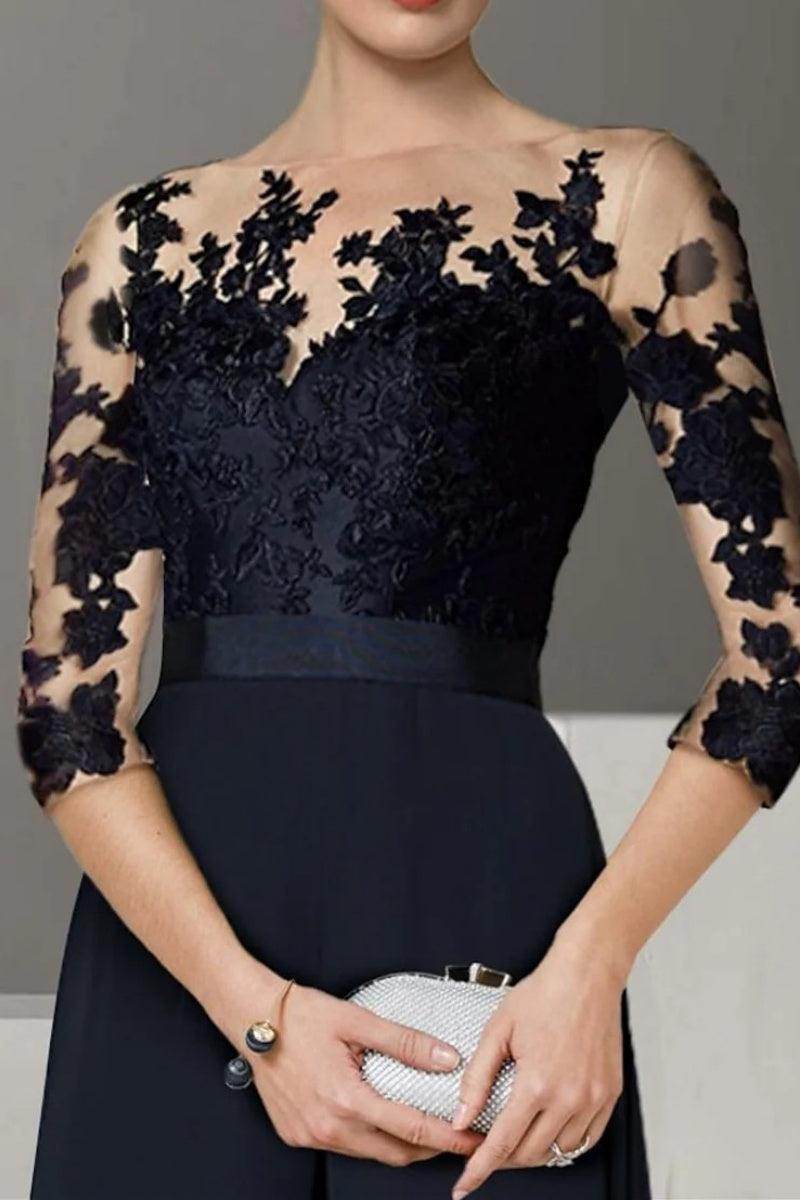 Elegant A Line Jewel Neck 3/4 Length Sleeves Floor Length Mother of the Bride Dress