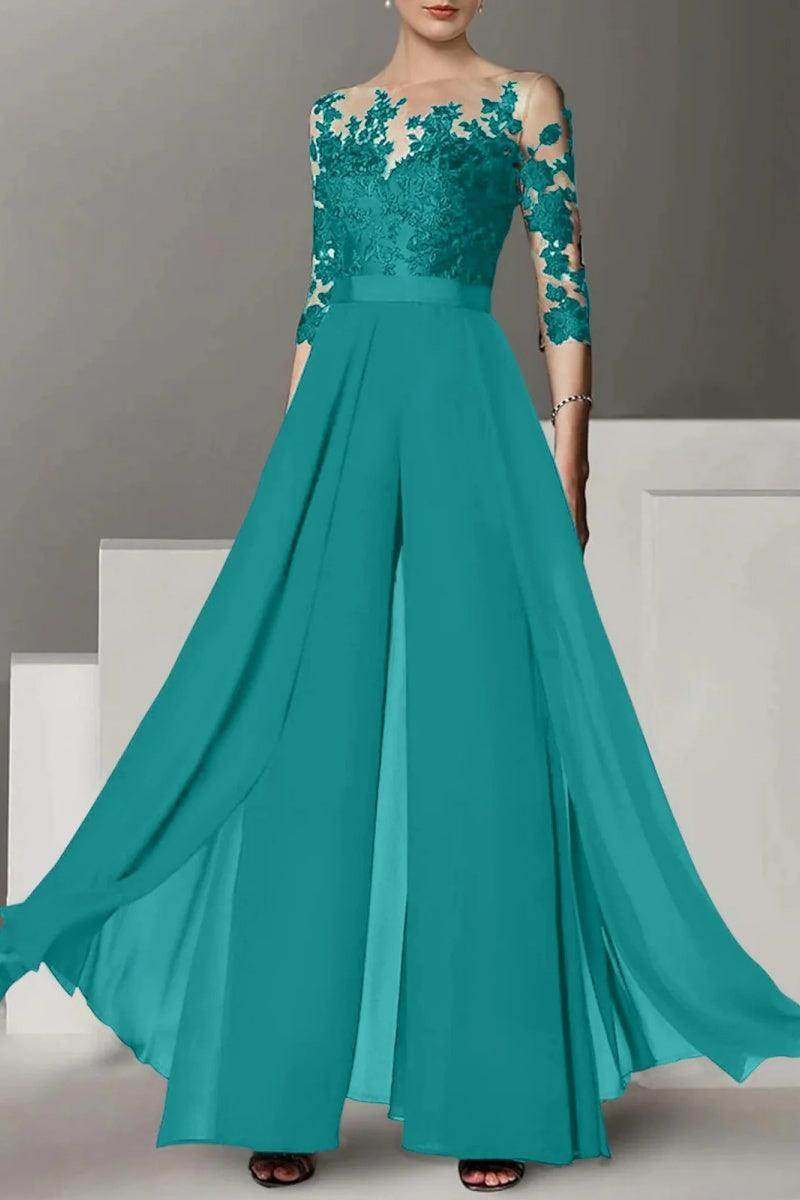 Elegant A Line Jewel Neck 3/4 Length Sleeves Floor Length Mother of the Bride Dress