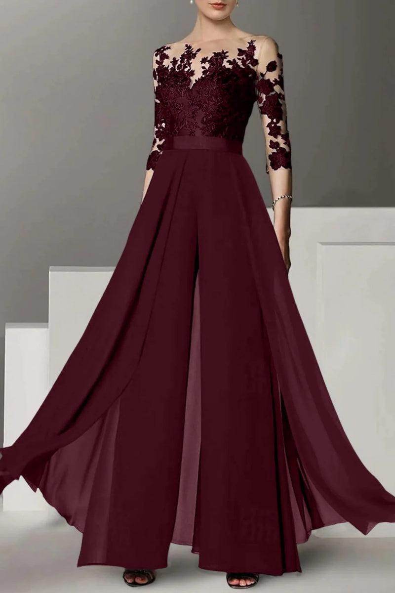 Elegant A Line Jewel Neck 3/4 Length Sleeves Floor Length Mother of the Bride Dress