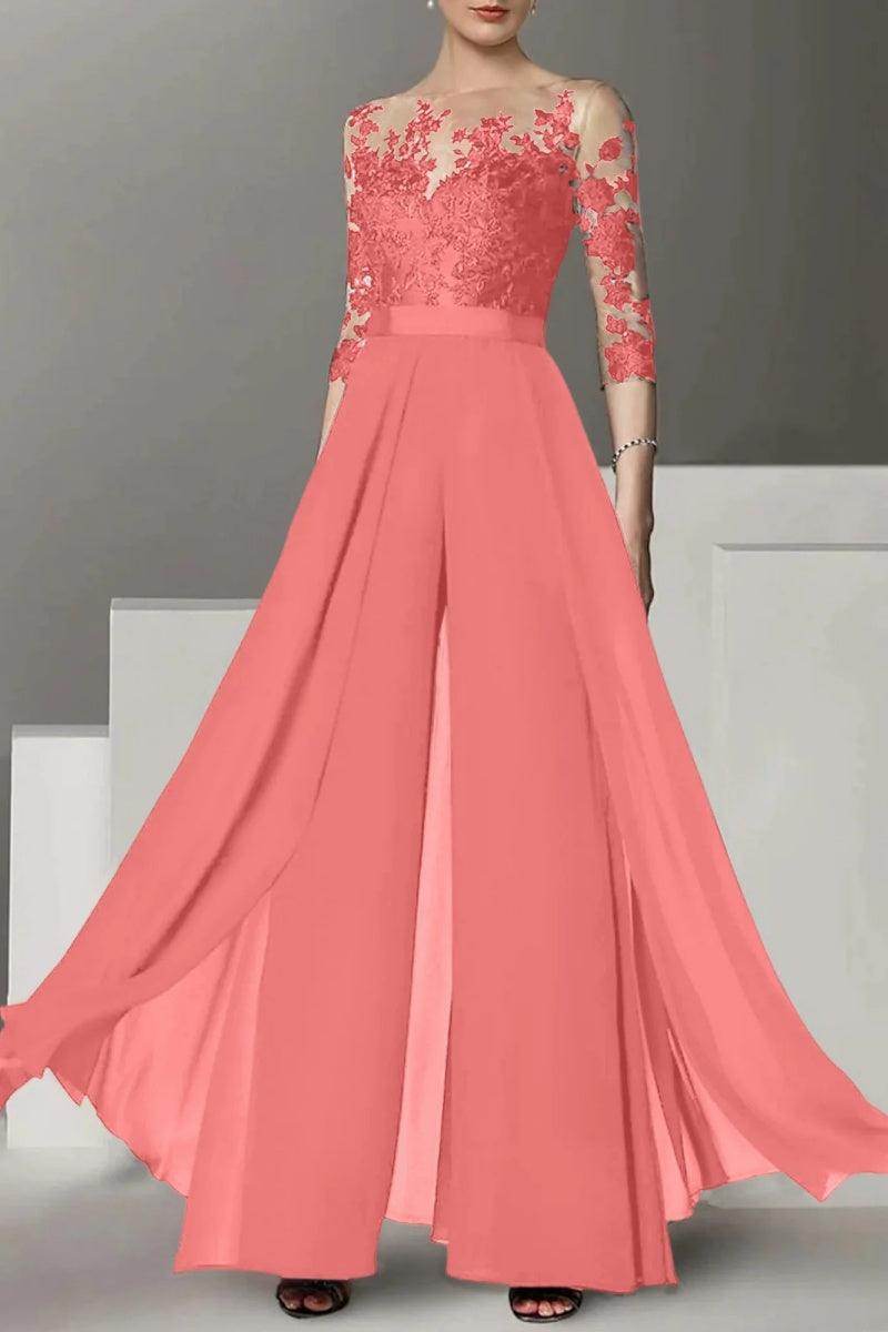 Elegant A Line Jewel Neck 3/4 Length Sleeves Floor Length Mother of the Bride Dress