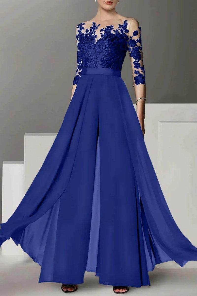 Elegant A Line Jewel Neck 3/4 Length Sleeves Floor Length Mother of the Bride Dress