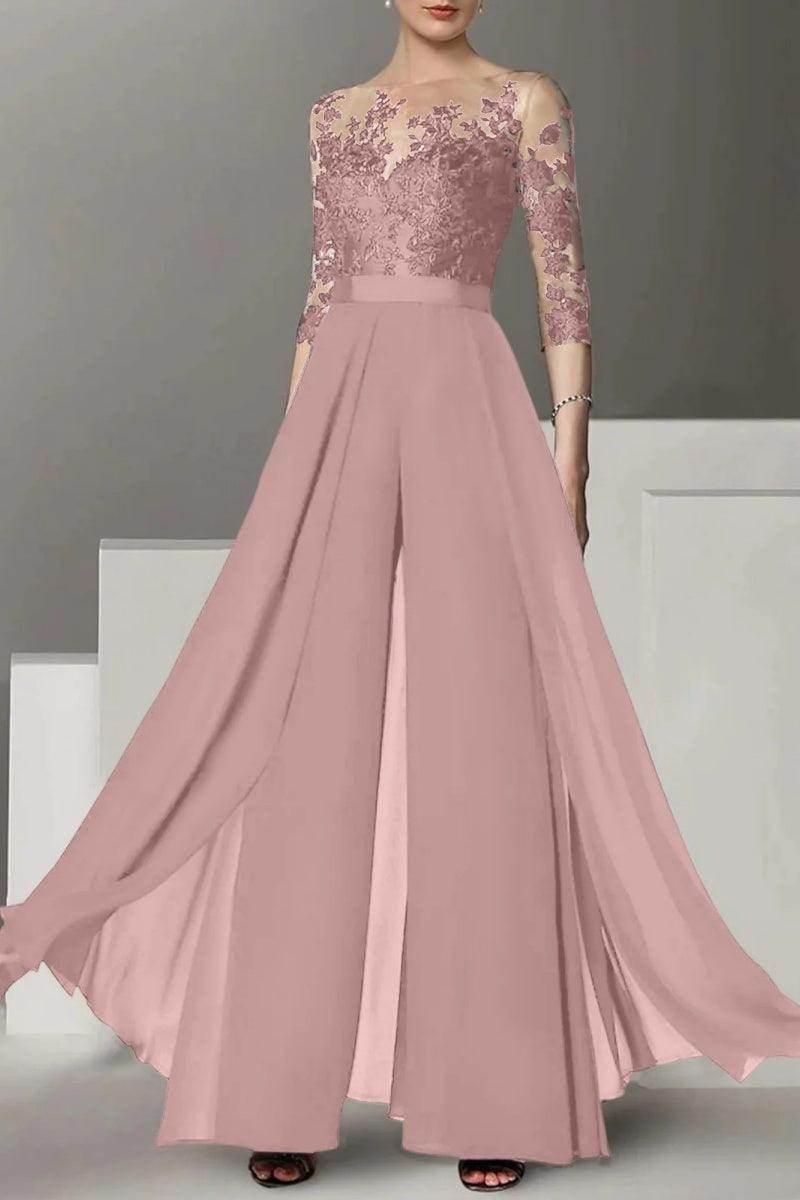Elegant A Line Jewel Neck 3/4 Length Sleeves Floor Length Mother of the Bride Dress