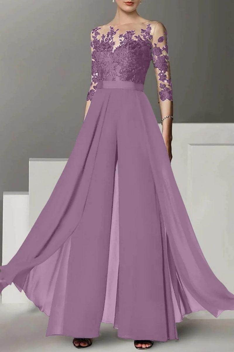 Elegant A Line Jewel Neck 3/4 Length Sleeves Floor Length Mother of the Bride Dress
