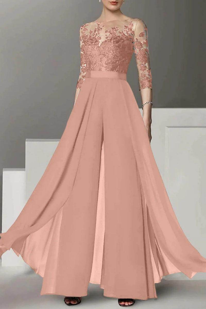 Elegant A Line Jewel Neck 3/4 Length Sleeves Floor Length Mother of the Bride Dress