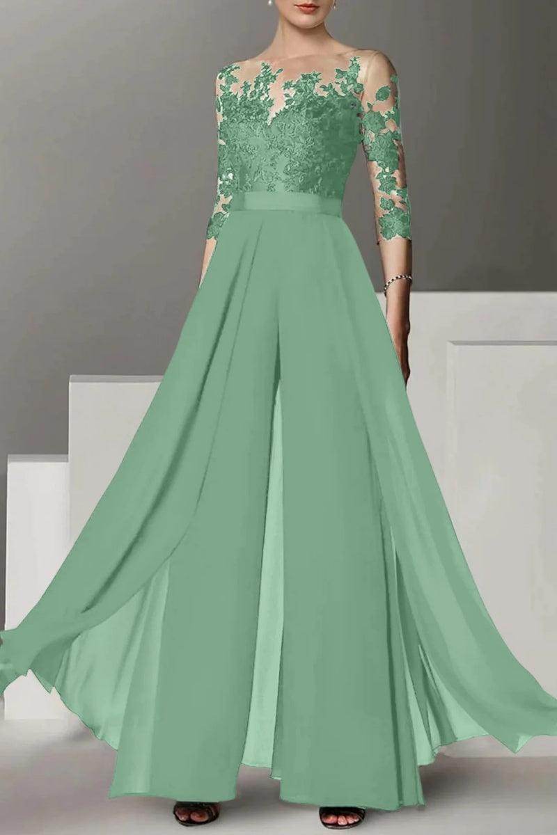 Elegant A Line Jewel Neck 3/4 Length Sleeves Floor Length Mother of the Bride Dress