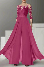 Elegant A Line Jewel Neck 3/4 Length Sleeves Floor Length Mother of the Bride Dress