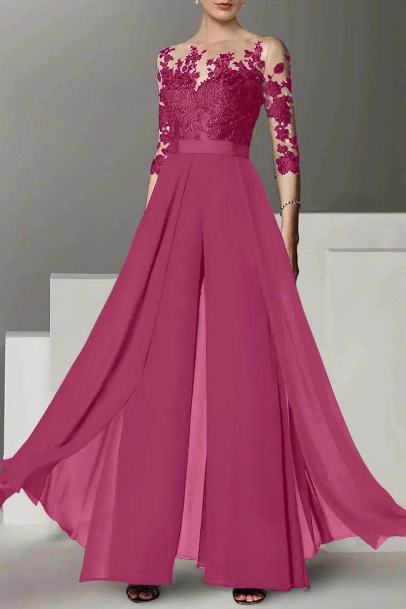 Elegant A Line Jewel Neck 3/4 Length Sleeves Floor Length Mother of the Bride Dress