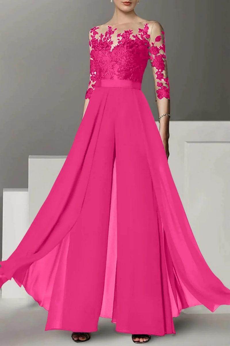 Elegant A Line Jewel Neck 3/4 Length Sleeves Floor Length Mother of the Bride Dress