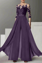 Elegant A Line Jewel Neck 3/4 Length Sleeves Floor Length Mother of the Bride Dress