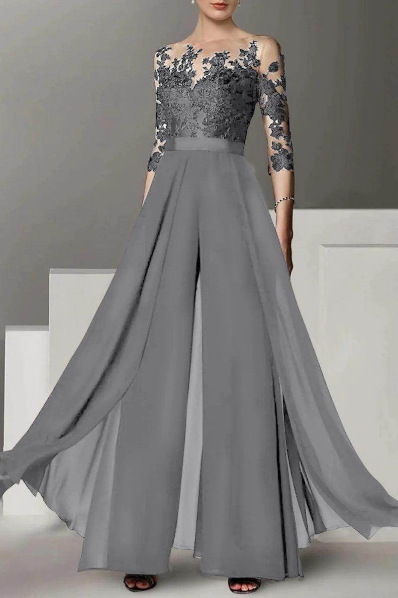 Elegant A Line Jewel Neck 3/4 Length Sleeves Floor Length Mother of the Bride Dress