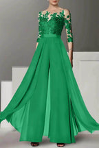Elegant A Line Jewel Neck 3/4 Length Sleeves Floor Length Mother of the Bride Dress