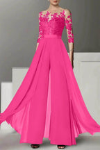 Elegant A Line Jewel Neck 3/4 Length Sleeves Floor Length Mother of the Bride Dress