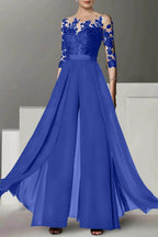 Elegant A Line Jewel Neck 3/4 Length Sleeves Floor Length Mother of the Bride Dress