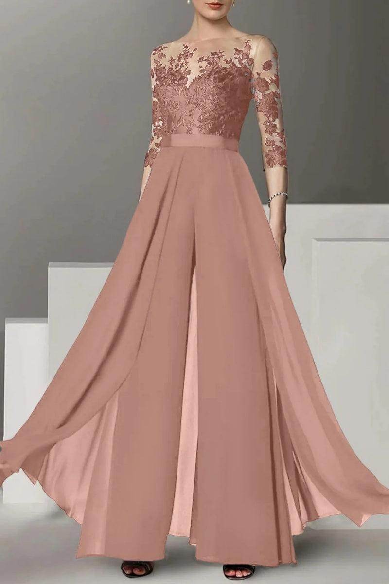 Elegant A Line Jewel Neck 3/4 Length Sleeves Floor Length Mother of the Bride Dress