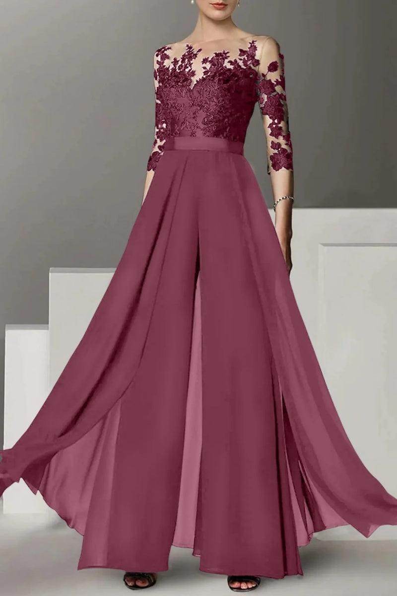 Elegant A Line Jewel Neck 3/4 Length Sleeves Floor Length Mother of the Bride Dress