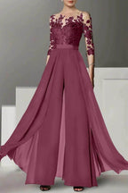 Elegant A Line Jewel Neck 3/4 Length Sleeves Floor Length Mother of the Bride Dress