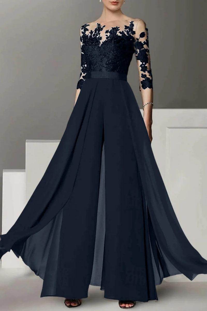 Elegant A Line Jewel Neck 3/4 Length Sleeves Floor Length Mother of the Bride Dress