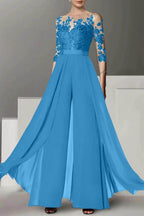 Elegant A Line Jewel Neck 3/4 Length Sleeves Floor Length Mother of the Bride Dress