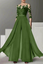 Elegant A Line Jewel Neck 3/4 Length Sleeves Floor Length Mother of the Bride Dress