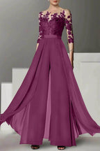 Elegant A Line Jewel Neck 3/4 Length Sleeves Floor Length Mother of the Bride Dress