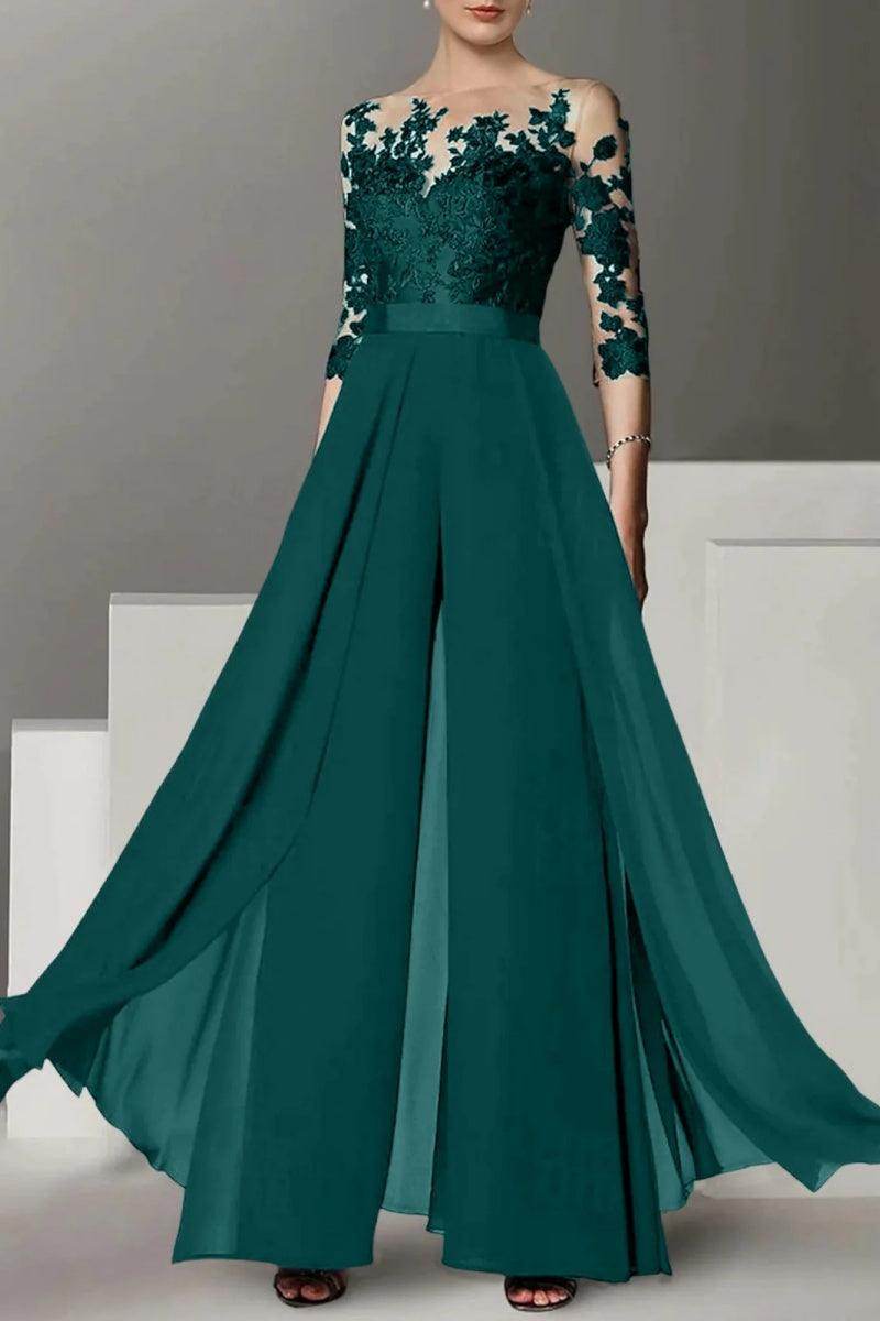Elegant A Line Jewel Neck 3/4 Length Sleeves Floor Length Mother of the Bride Dress