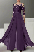 Elegant A Line Jewel Neck 3/4 Length Sleeves Floor Length Mother of the Bride Dress