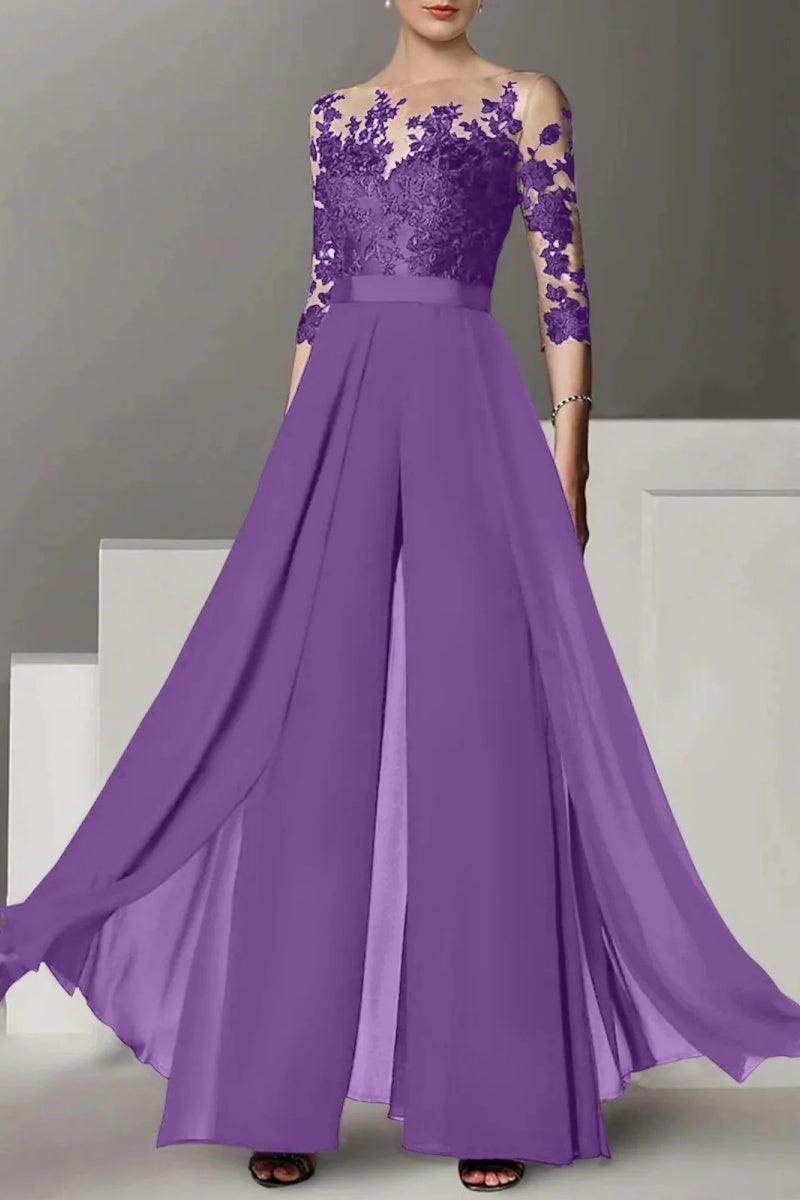 Elegant A Line Jewel Neck 3/4 Length Sleeves Floor Length Mother of the Bride Dress