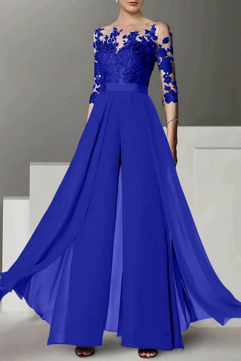 Elegant A Line Jewel Neck 3/4 Length Sleeves Floor Length Mother of the Bride Dress