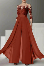 Elegant A Line Jewel Neck 3/4 Length Sleeves Floor Length Mother of the Bride Dress