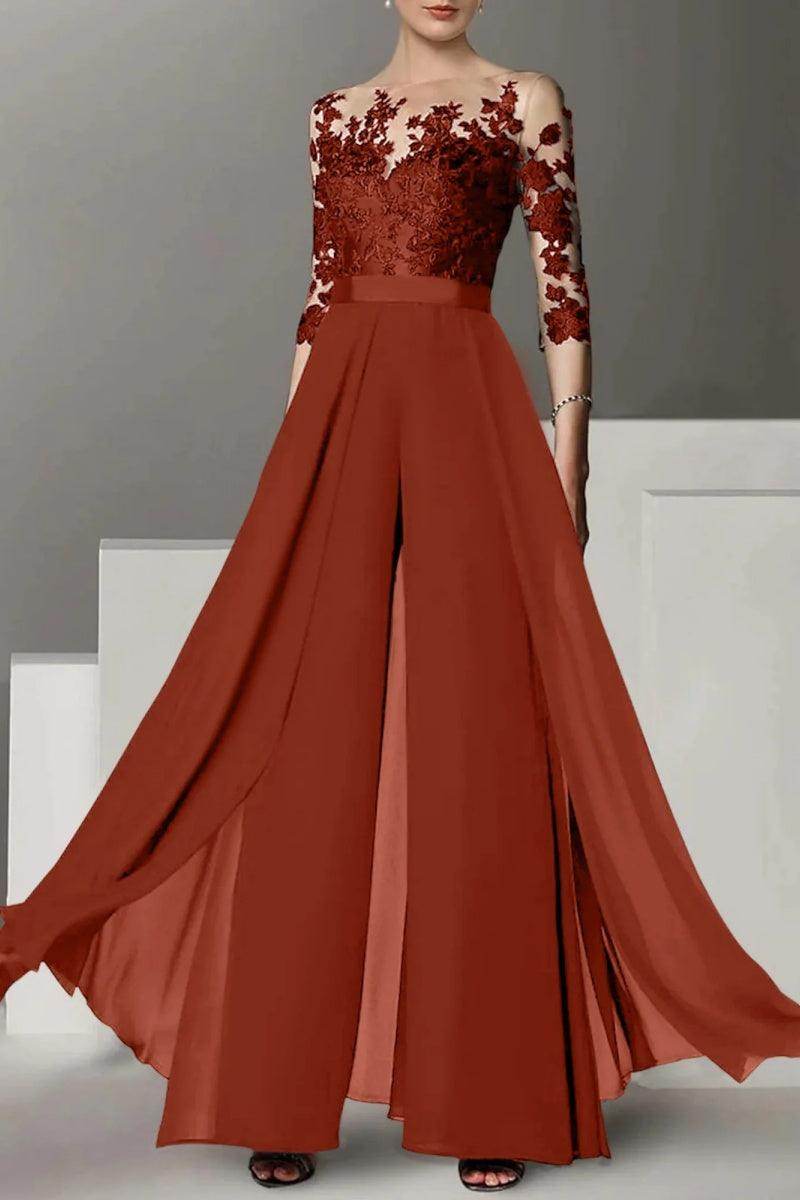 Elegant A Line Jewel Neck 3/4 Length Sleeves Floor Length Mother of the Bride Dress