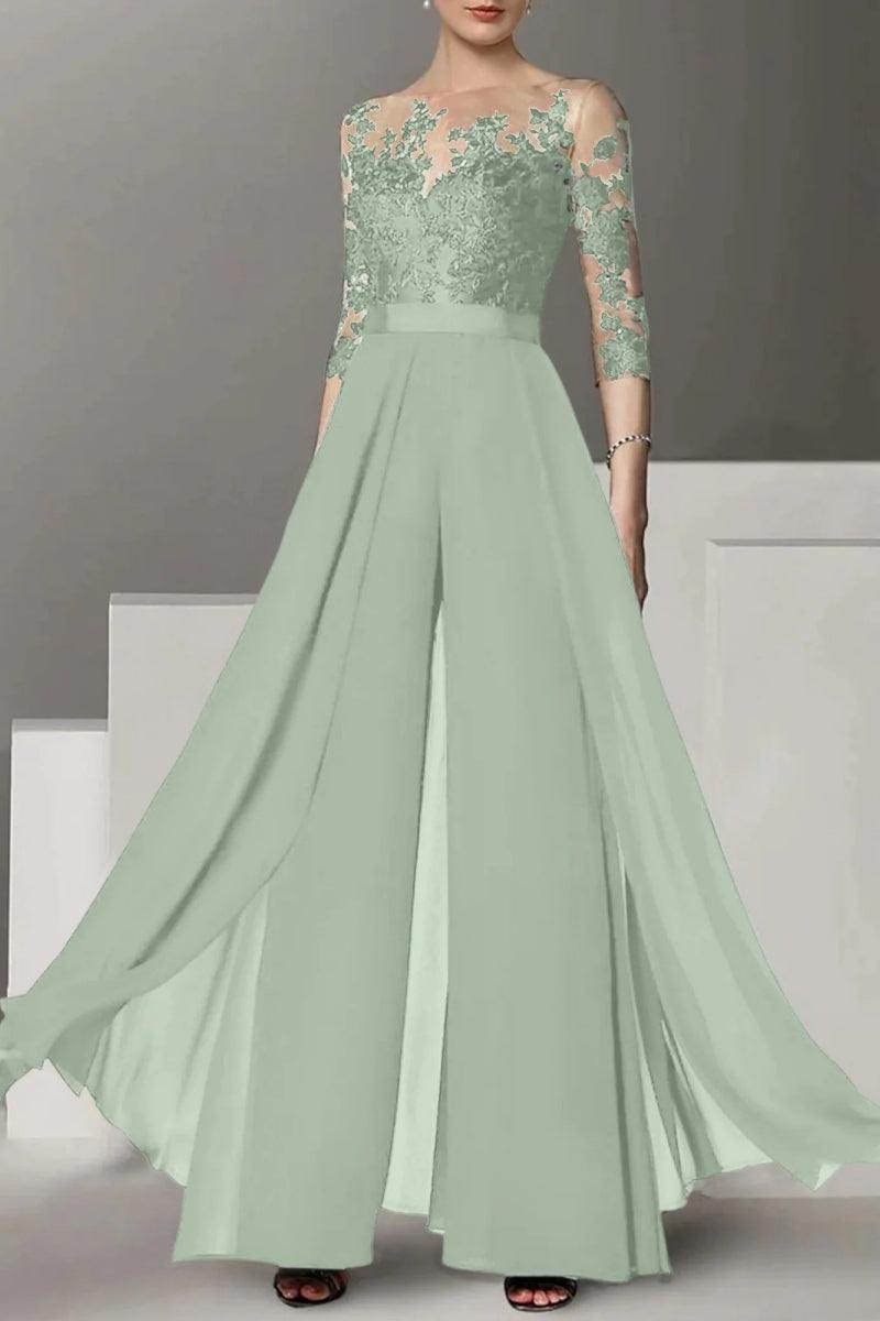 Elegant A Line Jewel Neck 3/4 Length Sleeves Floor Length Mother of the Bride Dress