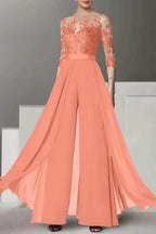 Elegant A Line Jewel Neck 3/4 Length Sleeves Floor Length Mother of the Bride Dress
