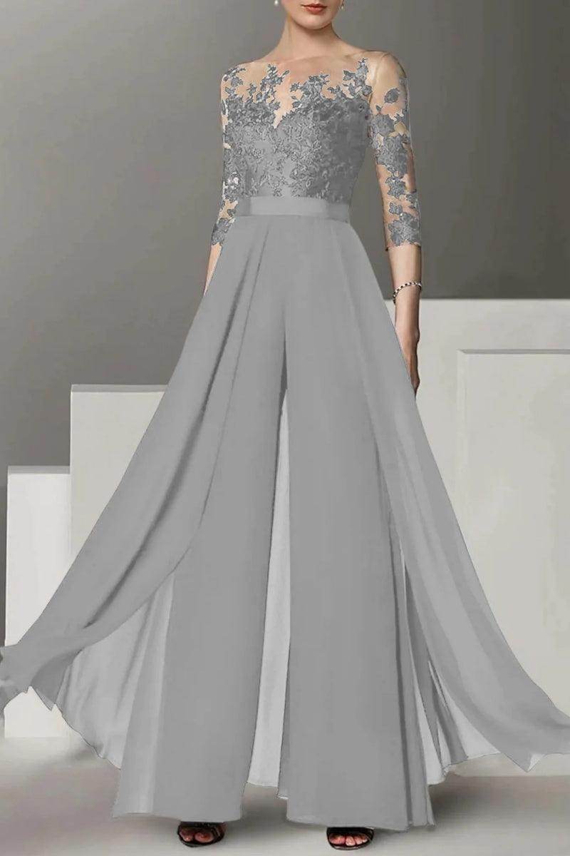 Elegant A Line Jewel Neck 3/4 Length Sleeves Floor Length Mother of the Bride Dress