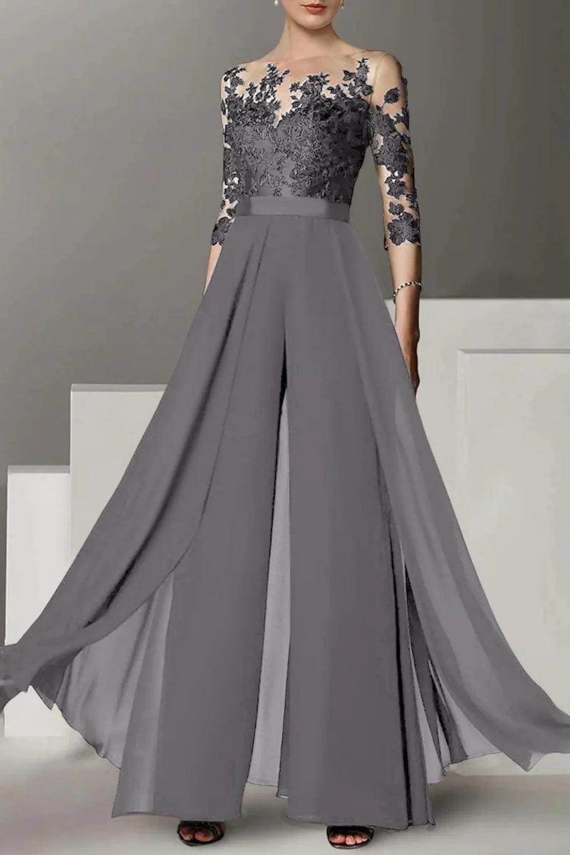 Elegant A Line Jewel Neck 3/4 Length Sleeves Floor Length Mother of the Bride Dress