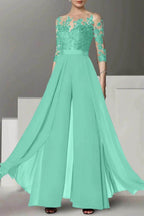 Elegant A Line Jewel Neck 3/4 Length Sleeves Floor Length Mother of the Bride Dress