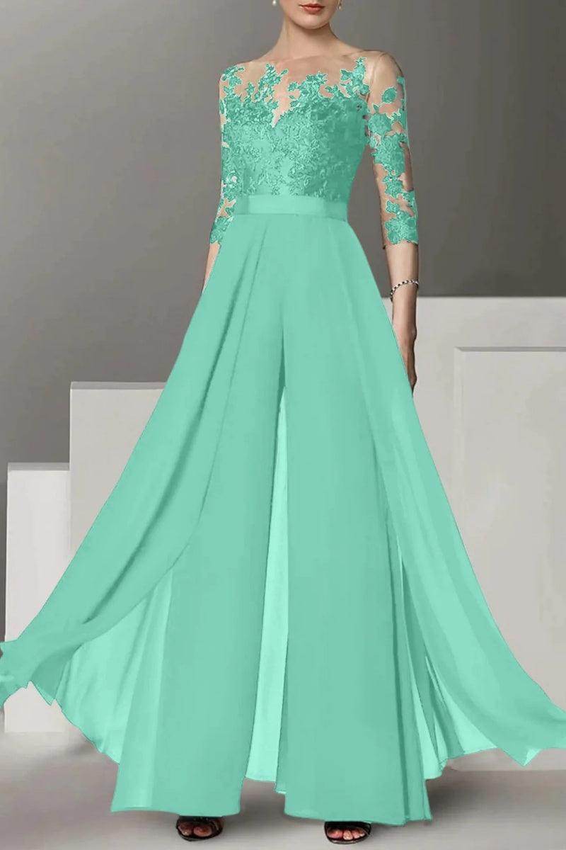 Elegant A Line Jewel Neck 3/4 Length Sleeves Floor Length Mother of the Bride Dress