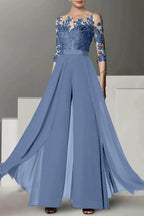 Elegant A Line Jewel Neck 3/4 Length Sleeves Floor Length Mother of the Bride Dress