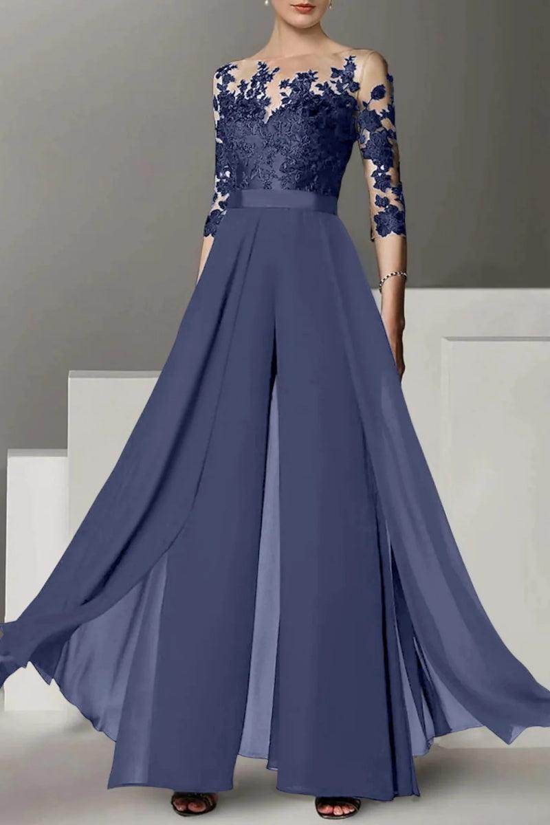 Elegant A Line Jewel Neck 3/4 Length Sleeves Floor Length Mother of the Bride Dress