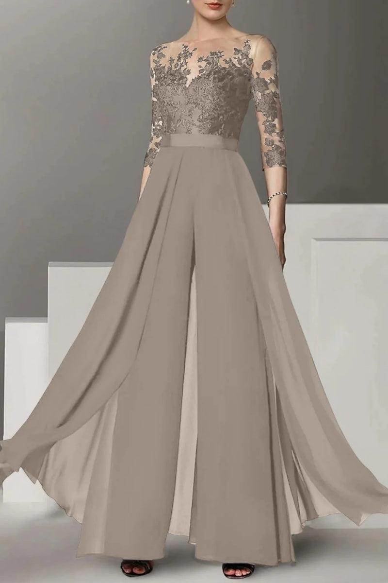Elegant A Line Jewel Neck 3/4 Length Sleeves Floor Length Mother of the Bride Dress