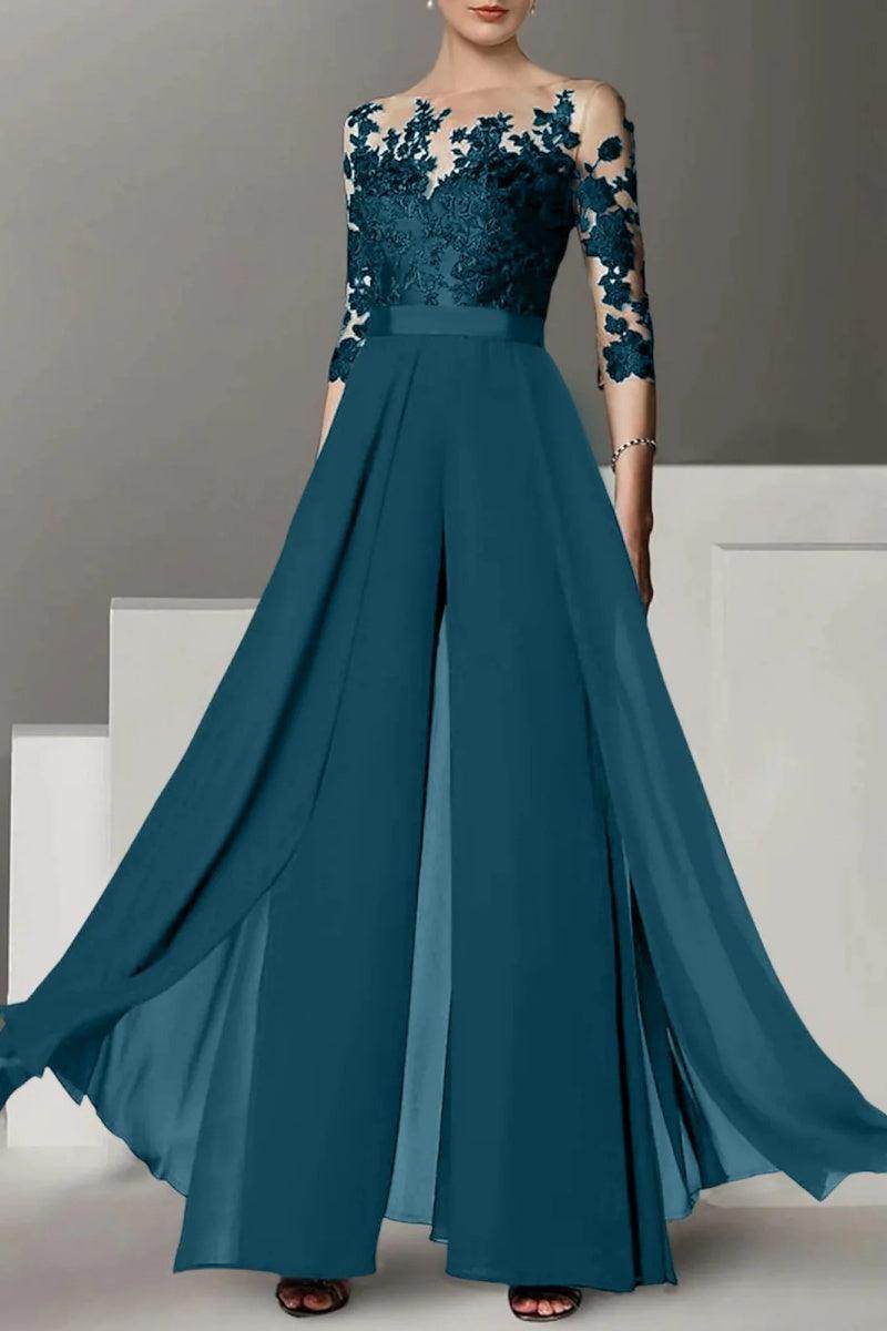 Elegant A Line Jewel Neck 3/4 Length Sleeves Floor Length Mother of the Bride Dress