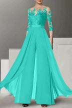 Elegant A Line Jewel Neck 3/4 Length Sleeves Floor Length Mother of the Bride Dress