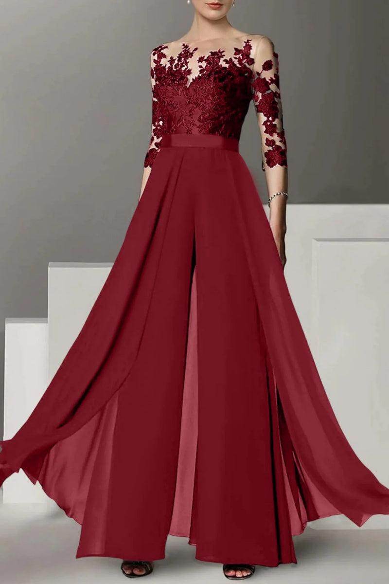 Elegant A Line Jewel Neck 3/4 Length Sleeves Floor Length Mother of the Bride Dress