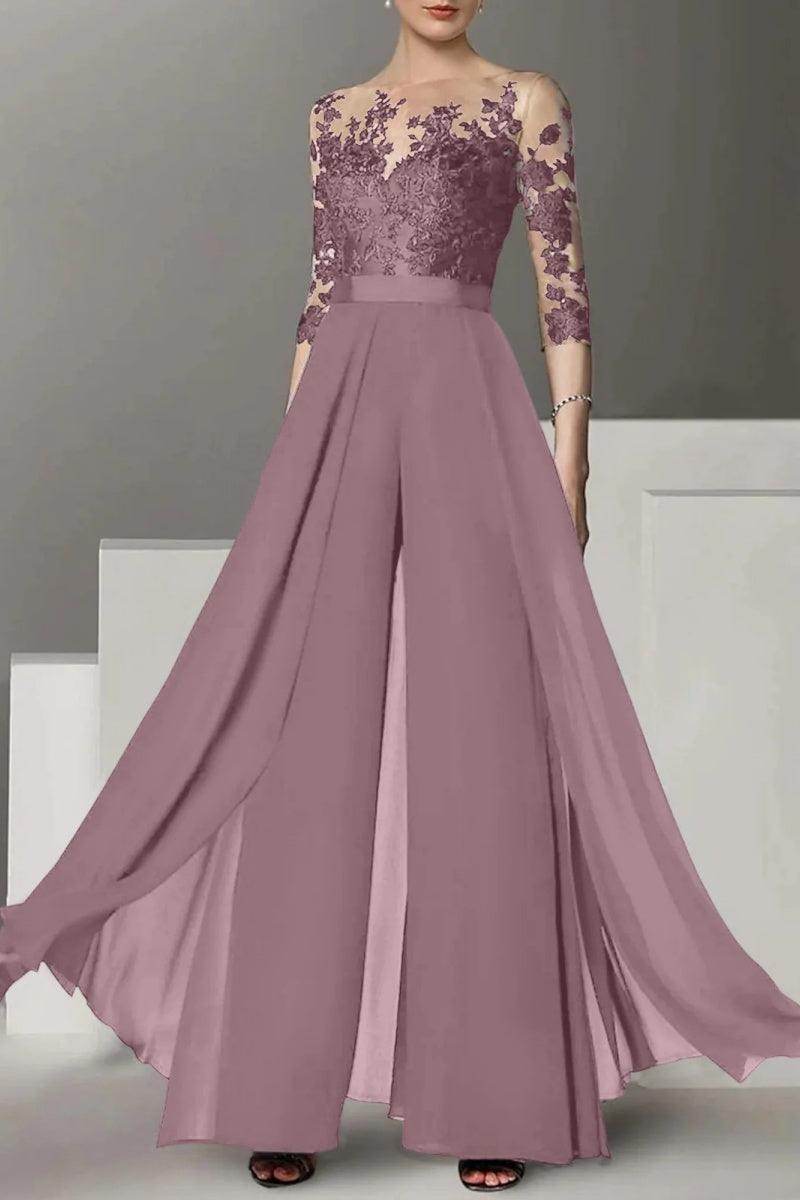 Elegant A Line Jewel Neck 3/4 Length Sleeves Floor Length Mother of the Bride Dress